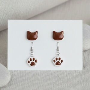Cat Resin Earring Set - Handmade - Hypoallergenic - Brown